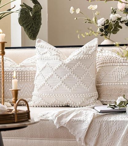 BlissBlush Pure White Decorative Throw Pillow Cover 22X22, Boho Accent Pillow for Couch, Square Modern Farmhouse Pillowcase for Living Room Couch Sofa Cushion Home Décor (Pack of 1)