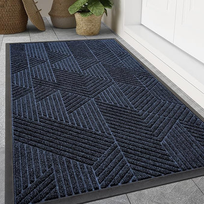 Smiry Front Door Mat Outside Entrance, Heavy Duty Sturdy Natural Rubber Doormat, Trap Dirt and Moisture, Easy Clean Low Profile Mats for Indoor Outdoor Entry, Irregular Triangle (59x35, Navy Blue)