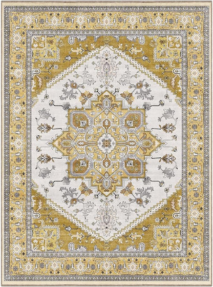 OPPODREAM Thin Area Rugs 9x12 Living Room, Washable Rugs 9x12 with Non Slip Backing, Faux Cashmere Low-Pile 9 x 12 Carpet, Yellow