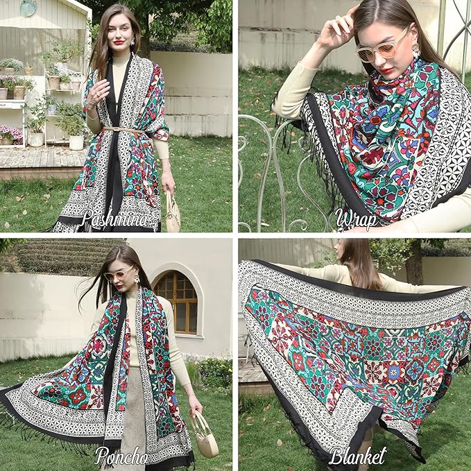 DANA XU 100% Merino Wool Extra Large Pashmina Blanket Travel Scarf Cashmere Wrap for Women Fall Winter Oversize Shawl Floral