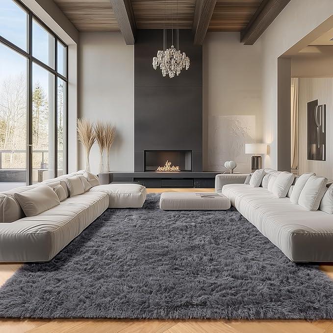 ONASAR Grey Area Rugs 9x12 Living Room, Gray Large Fluffy Shag Bedroom Rug, Washable Soft Plush Thick Shaggy Big Floor Carpet for Kids Boy and Girls Teen Dorm Nursery Indoor Home Decor Aesthetic