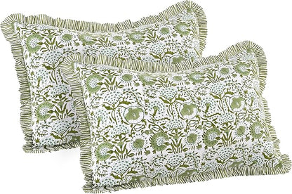 CPC Agate Green 100% Cotton Block Print Ruffle Sham Cover 20X30 inch Pack of 2, Handmade Boho Floral Pillowcase, Soft Decorative Queen Bed Pillow Cover for Bedroom Décor