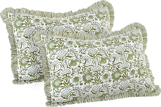 CPC Agate Green 100% Cotton Block Print Ruffle Sham Cover 20X30 inch Pack of 2, Handmade Boho Floral Pillowcase, Soft Decorative Queen Bed Pillow Cover for Bedroom Décor