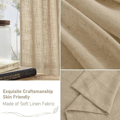 LAMIT Natural Linen Curtains 108 Inch for Living Room, Back Tab and Rod Pocket Textured Sheer Light Filtering for Boho Farmhouse, 2 Panels, 52 x 108 Inch, Brown