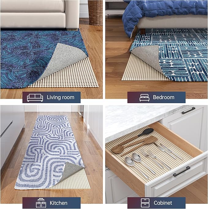 Non-Slip Rug Pad Gripper 7x9 Feet, Anti Skid Mat for Under Area Rugs, Keeps Rugs in Position and Safe, Thick Cushioned Carpet Pad for Hardwood Floors Protection