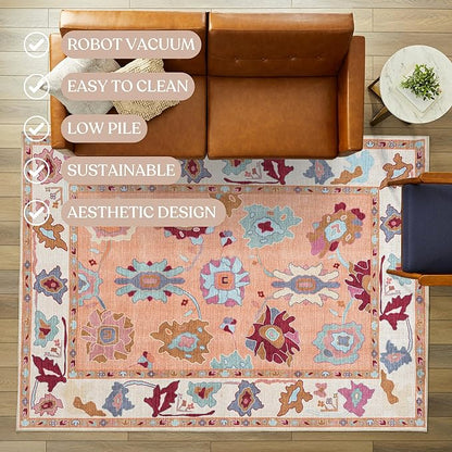 Fame Living Orange Green Oushak Rug, Modern, Vintage, Turkish, Eclectic, Floral, Pastel, Washable, Area Rugs for Living Room, Dining, Bedroom, Office, Entryway, Foyer, Playroom, Nursery, 5'x6'9"