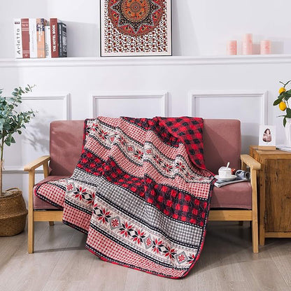 Soul & Lane Season of Joy 50" x 60" Throw Blanket: Farmhouse Décor Christmas Plaid Quilt, Lightweight Quilted Lap Comforter for Sofa and Bed, Red Buffalo Checkered Blanket, Cabin Décor Coverlet
