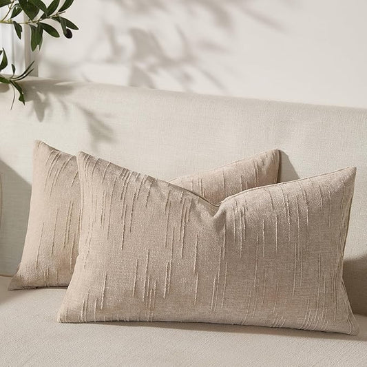 Set of 2 Soft Textured Throw Pillow Covers 12x20, Invisible Zipper Neutral Cushion Cases, Easy - Care Decorative Farmhouse Decor for Living Room Couch (Khaki, 12" x 20" (Pack of 2))