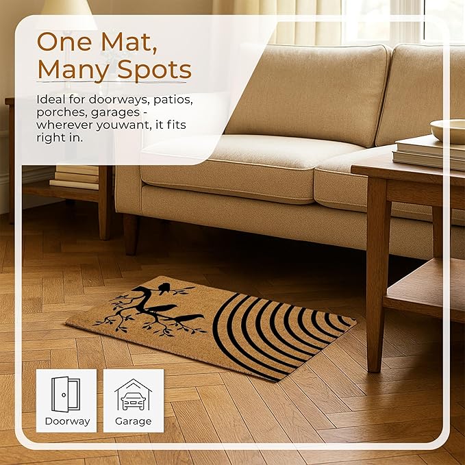 Coir Door Mats 17" X 30", Non-Slip Sturdy, PVC Backed Heavy Duty, Easy to Clean, Ideal for Door Entrance, Patio, Porch, Backyard, Garages, A Happy Family of Birds
