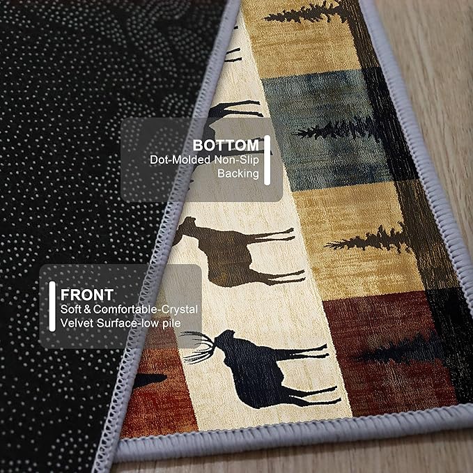 Colorful Elk Pine Tree Bohemian Hallway Rug 2x8ft with Checkered Texture - Retro Washable Kitchen Mat, Non-Slip Floor Decor for Dining Room Balcony, Canvas Art Style