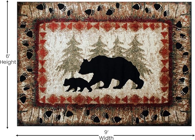 Masada Rugs, Cabin Lodge Area Rug Bear and Cub Scene (6 Feet X 9 Feet)