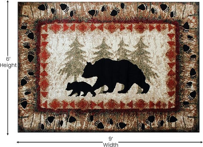Masada Rugs, Cabin Lodge Area Rug Bear and Cub Scene (6 Feet X 9 Feet)