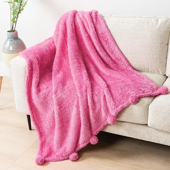 Pavilion Pink Sherpa Throw Blanket, Warm Plush Fuzzy Pom Pom Blanket for Couch, Sofa Throw, Lightweight Soft, Cozy Fluffy Blanket, Hot Pink, 50x60