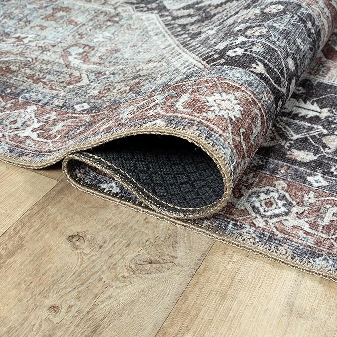 Bloom Rugs Washable Non-Slip 5' x 7' Rug - Charcoal/Brown Traditional Medallion Area Rug for Living Room, Bedroom, Dining Room, and Kitchen - Exact Size: 5' x 7'
