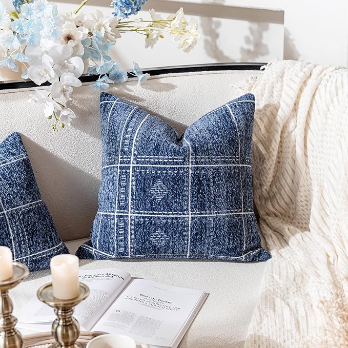 BlissBlush Dark Blue Decorative Throw Pillow Covers 22X22, Set of 2, Boho Farmhouse Cushion Cover, Cozy Soft Accent Pillowcase for Couch Sofa Bed Living Room Home Décor