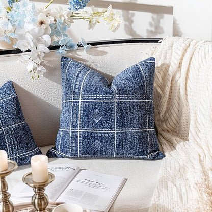 BlissBlush Dark Blue Decorative Throw Pillow Covers 22X22, Set of 2, Boho Farmhouse Cushion Cover, Cozy Soft Accent Pillowcase for Couch Sofa Bed Living Room Home Décor