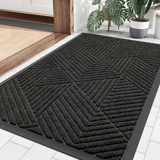 Smiry Front Door Mat Outside Entrance, Heavy Duty Sturdy Natural Rubber Doormat, Trap Dirt and Moisture, Easy Clean Low Profile Mats for Indoor Outdoor Entry, Irregular Triangle (36x24, Charcoal)