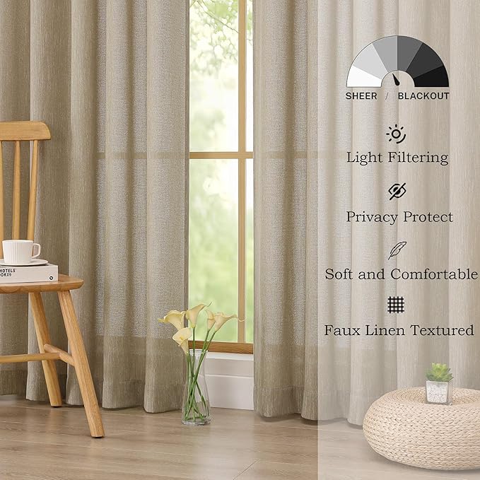 Simplebrand Taupe Faux Linen Textured Curtains 63 Inch Length 2 Panels for Bedroom, Semi Sheer Light Filtering Privacy Farmhouse Curtains, Soft Thick Rod Pocket Window Drapes, 40W x 63L Inch