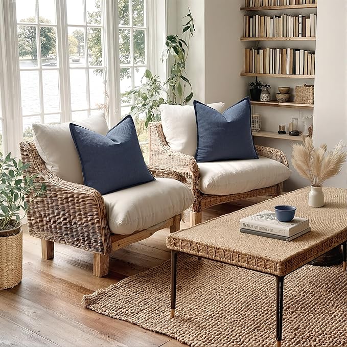 MIULEE Decorative Euro Sham Pillow Covers 24x24, 2 Pack Large Boho Farmhouse Neutral Throw Pillows for Bed, Thick Textured Modern Linen Cushion Cases Couch Sofa Living Room Home Decor, Navy Blue