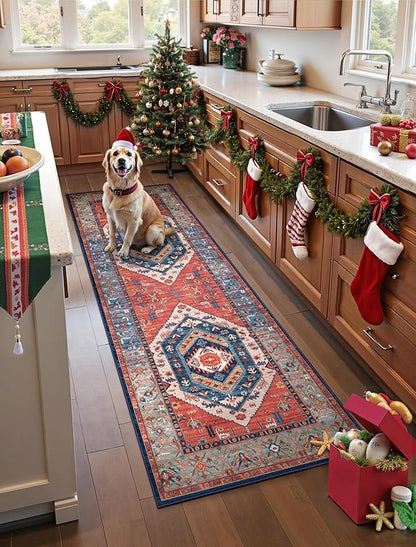 SERISSA Boho Kitchen Runner Rug, 3x7 Washable Non-Slip Runner Rug for Hallways Kitchen Rug, Ultra Soft Vintage Rust Print Distressed Tribal Floor Carpet Runner for Bedroom Entryway Laundry Room