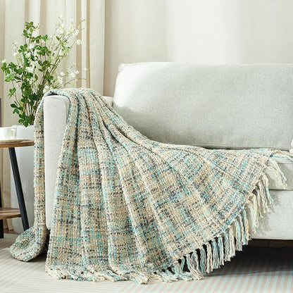Multi-Color Blue Grey Cable Knitted Throw Blanket for Couch,50"X60" Boho Style Textured Blankets for Home Decor,Super Soft Warm Cozy Chunky Knit Blanket with Decorative Tassels for Bed