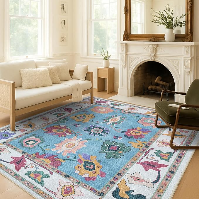 Fame Living Colorful Oushak Rug, Modern, Vintage, Turkish, Eclectic, Floral, Pastel, Washable, Area Rugs for Living Room, Dining, Bedroom, Office, Entryway, Foyer, Playroom, Nursery, 5'x6'9"
