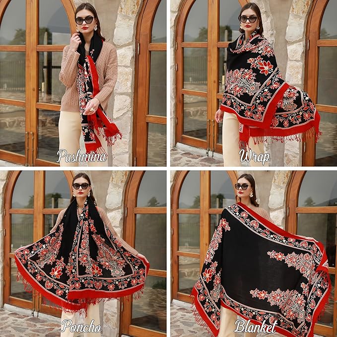 DANA XU 100% Merino Wool Extra Large Pashmina Blanket Travel Scarf Cashmere Wrap for Women Fall Winter Oversize Shawl Floral