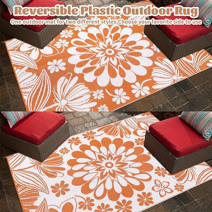 Ileading Outdoor Plastic Straw Rug 8x10ft Funny Floral Style Reversible Patio Area Rugs Waterproof Non Shedding Portable Carpets for Rv Outside Deck Pool Beach Picnic Camping (Orange)