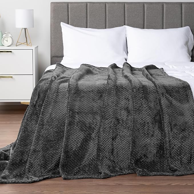PAVILIA Dark Gray Throw Blanket for Couch, Twin Bed, Soft Fleece Throws for Sofa Chair, Fuzzy Waffle Textured Blanket, Cozy Warm Lightweight All Season Blanket Throw, 60x80