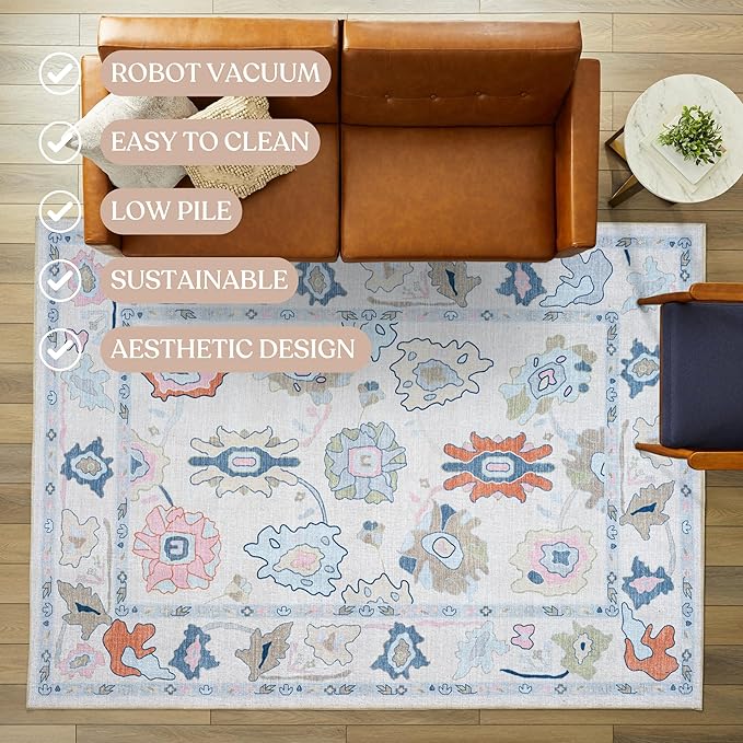 Fame Living Cream Oushak Rug, Modern Rugs, Vintage, Turkish, Eclectic, Floral, Pastel, Washable, Small Throw, Accent Area Rug for Living Room, Bedroom, Kitchen, Bathroom, 2'5"x4'9"