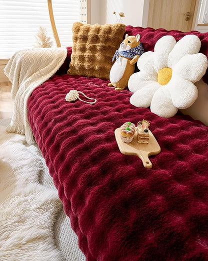 Christmas Faux Fur Couch Cover Fuzzy Soft Plush Thick Bubble Sofa Cover Luxury Sectional Couch Covers Luxury Anti-Slip Sofa Slipcover Washable Furniture Protector (Wine Red,28"x59")
