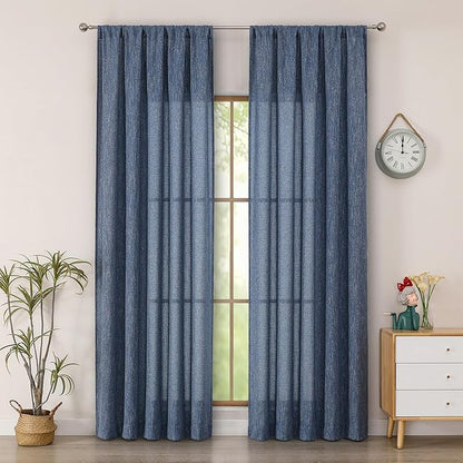 Simplebrand Navy Blue Semi Sheer Faux Linen Textured Curtains 84 Inches Long 2 Panels, Light Filtering Farmhouse Bedroom Curtains, Farmhouse Rod Pocket Soft Thick Window Drapes for Bedroom, 50Wx84L