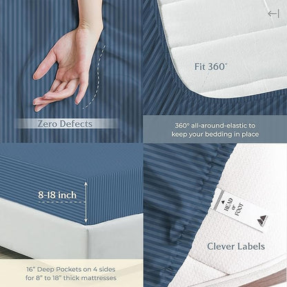Mayfair Linen 100% Cotton Striped Sheets Split King Size Bed Set - 500 Thread Count Damask Split King Sheets for Adjustable Bed, 5 PC Set (Light Blue Stripe), Cooling, Sateen 16" Deep Pocket Bedsheet