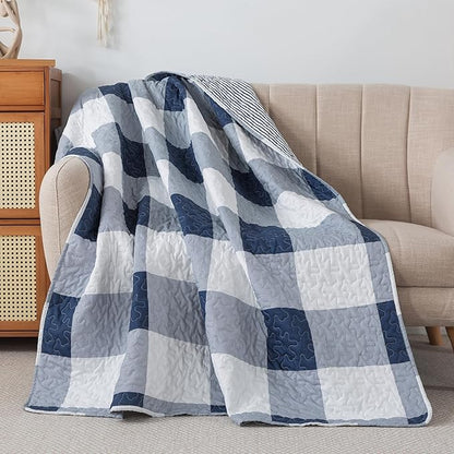 Soul & Lane Checks and Stripes 50" x 60" Blue Buffalo Check Throw: Lap Quilted Blanket, Blue and White Lightweight Couch Quilt, Checkered Coverlet, Plaid Winter Outdoor Quilted Throw Blanket