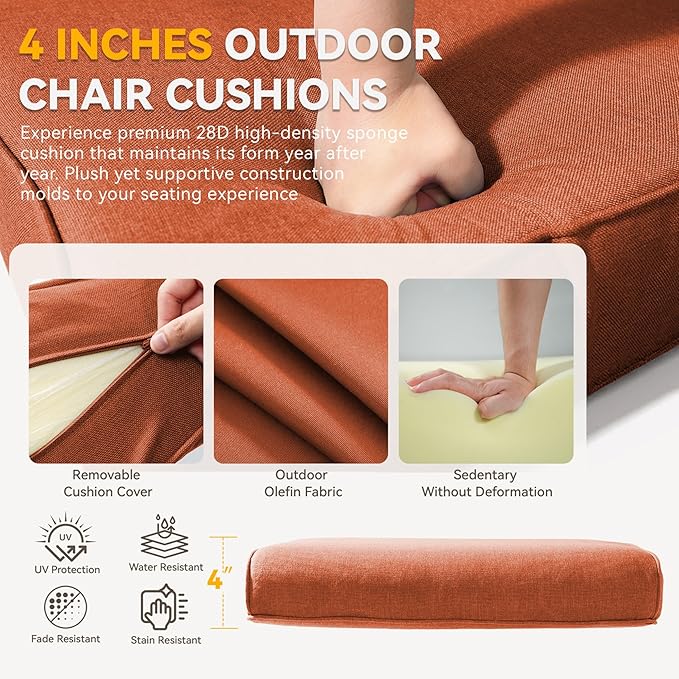 Patio Cushions for Outdoor Furniture - 22" x 25" x 4" UV Resistant Thick Foam Cushions Water Resistant Replacement Cushion for Outdoor Patio Furniture Chair/Sofa/Couch | Orange | 5-Pack |
