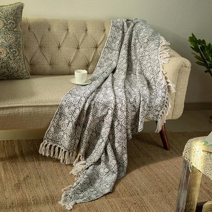 100% Pure Cotton Handblock Printed Throw Blanket, Soft 50" x 60" Fringed Floral Print Throw for Couch, Sofa, Chair, Bed - Cozy, Machine Washable, Comfortable Home Decor