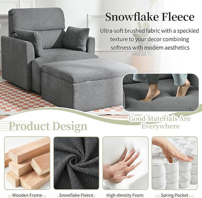 Modern Oversized Accent Chair with Storage Ottoman & 2 Side Pillows, Snowflake Fleece Upholstered Chaise Lounge Chair, Deep Seat Reading Chair for Living Room, 350lbs Capacity