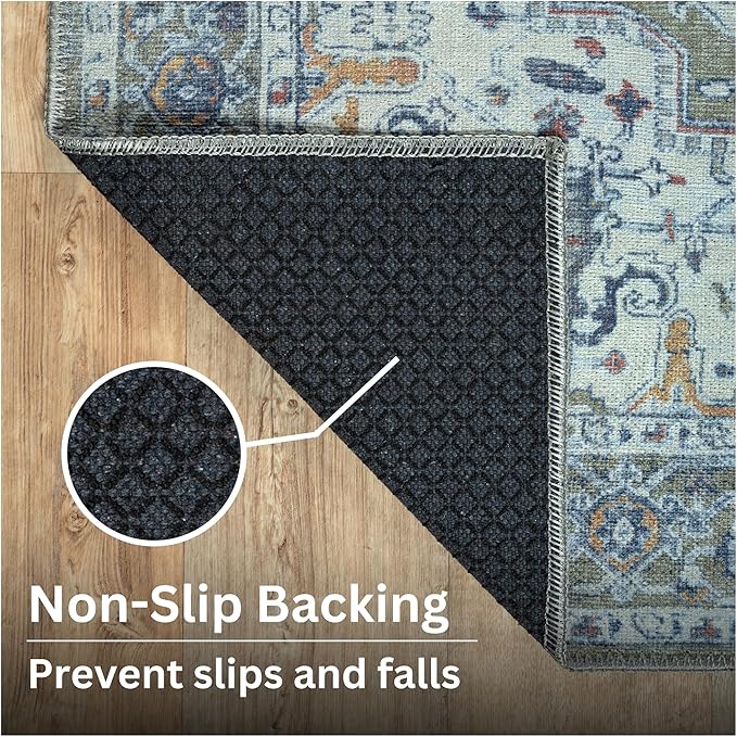 Bloom Rugs Washable Non-Slip 7 ft Runner - Green/Blue Traditional Medallion Runner for Entryway, Hallway, Bathroom, and Kitchen - Exact Size: 2.5' x 7'