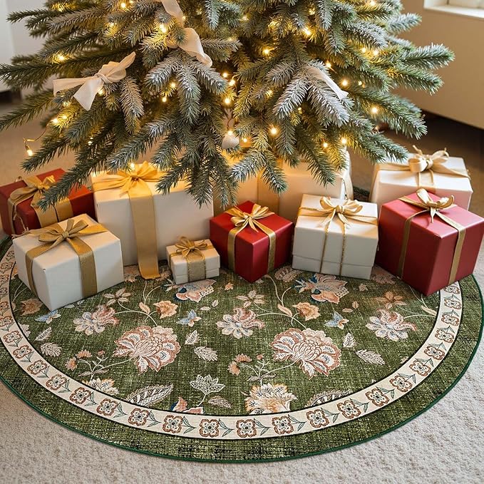 jinchan Elora 5ft Floral Round Rug for Entryway Washable Rug Vintage Romance Christmas Design Non Slip Indoor Doormat Lightweight Low-Profile Throw Carpet for Living Room Dining Room Bedroom, Green