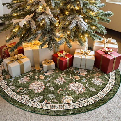 jinchan Elora 5ft Floral Round Rug for Entryway Washable Rug Vintage Romance Christmas Design Non Slip Indoor Doormat Lightweight Low-Profile Throw Carpet for Living Room Dining Room Bedroom, Green