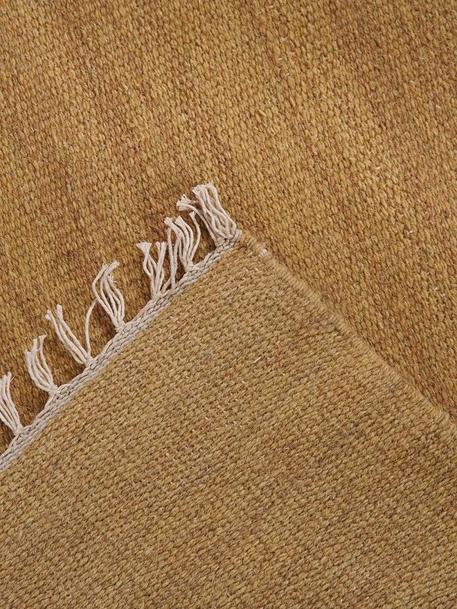 Rugsotic Carpets Hand Woven Flat Weave Kilim Wool ECO-Friendly Area Rugs - 5'x8', Rectangle Shape, Gold Color, Solid Plain Design, Low Pile Handmade Area Rugs for Living Room, Bed Room (D00111)