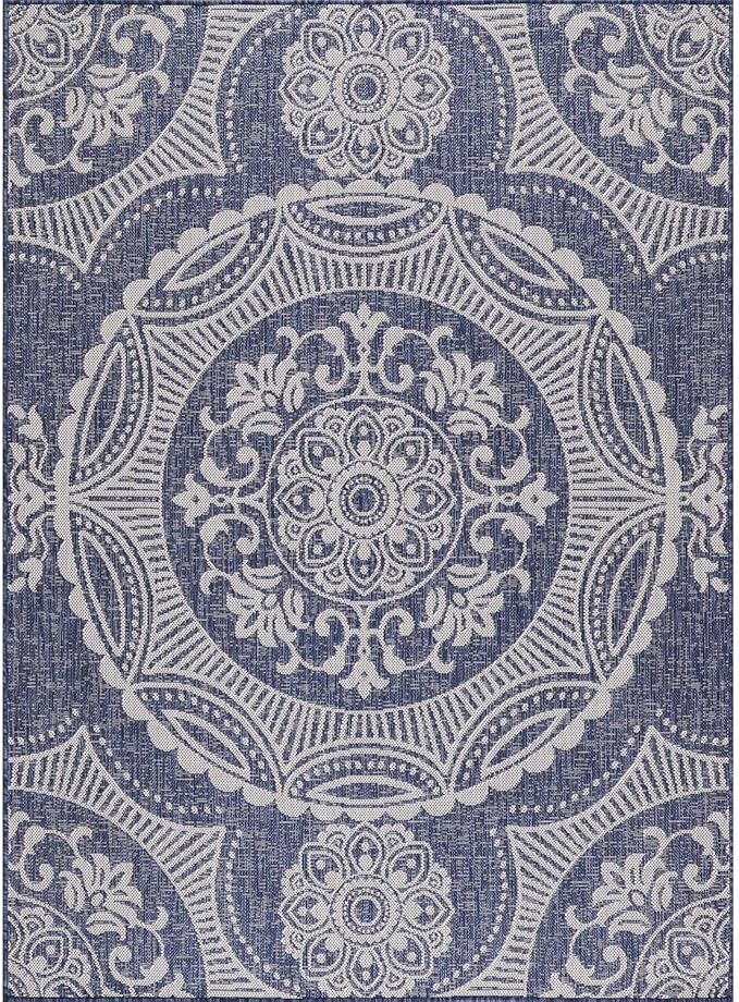 Medallion Outdoor Rug 8x10 Washable Outside Carpet for Indoor Patio Porch Waterproof Easy Cleaning Non Shedding Area Rugs Blue 8 x 10