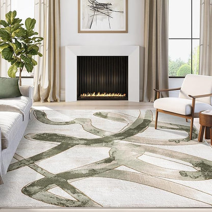 Abani Beige Cream Green Graffiti Washable Area Rug – 2' x 3' – Abstract Artistic Design – Ivy Collection – Non-Shedding, Easy to Clean – Durable for High Traffic Areas – Living Room & Bedroom