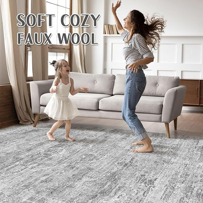 Grey Rug 5x7 Area Rugs: Washable Boho Large Vintage Neutral Soft Rug Stain Resistant Farmhouse Non-Slip Indoor Floor Carpet for Living Room Bedroom Playroom Office Dining Room Apartment Dorm