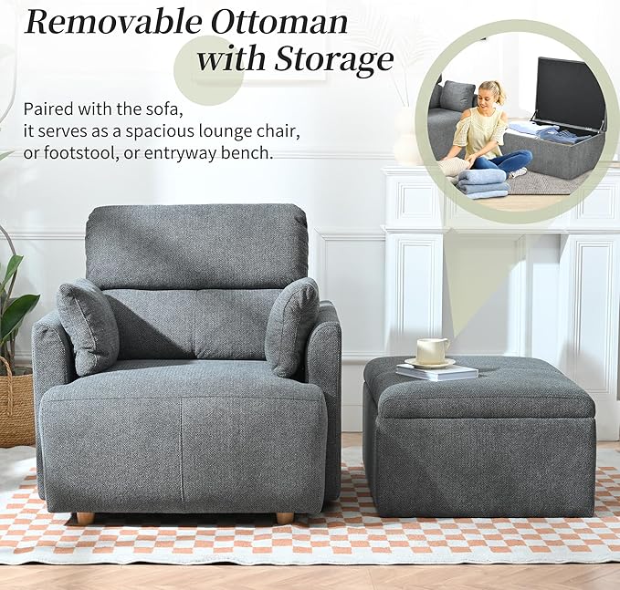 Modern Oversized Accent Chair with Storage Ottoman & 2 Side Pillows, Snowflake Fleece Upholstered Chaise Lounge Chair, Deep Seat Reading Chair for Living Room, 350lbs Capacity