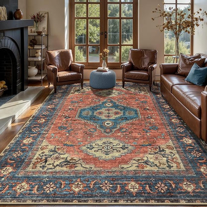 Tangsoo 8x10 Area Rugs for Living Room, Washable Rugs Oriental Vintage Indoor Non Slip Large Area Rugs, Print Carpet, Soft Low Pile Rug Foldable Floor Rug for Bedroom Dining Room Dorm Terracotta