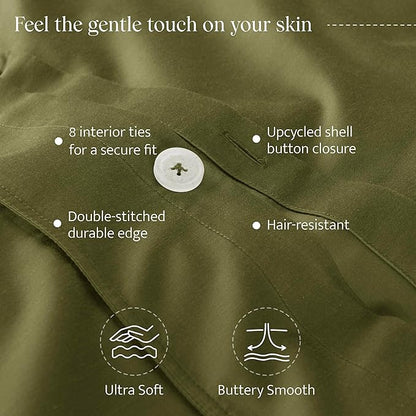 Double Stitch Cotton Tencel Duvet Cover - King Size Comforter Cover, Luxury & Soft Eucalyptus Lyocell Bedding Set for Hot Sleepers, Cooling, Smooth & Breathable, Button Closure, Olive Green, 106"x90"