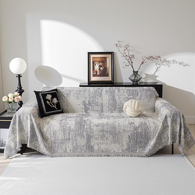 MEETSKY Small Boho Couch Cover Sofa Covers Washable, Chenille Soft Throws Cover for Love seat, Abstract Geometric Sofa Slipcover Multi-Use Furniture Protector for Dogs Pets, 71" x 102", Light Grey