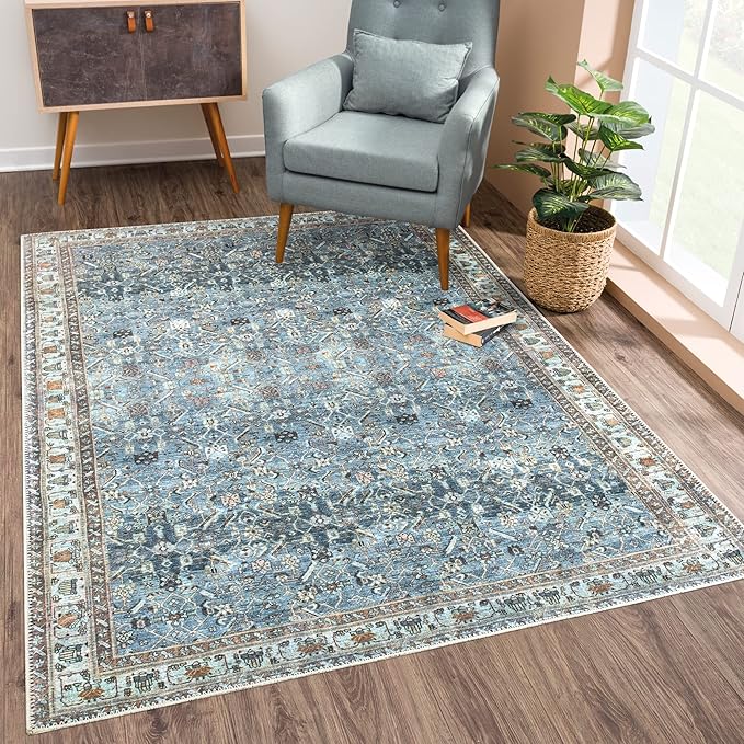 Bloom Rugs Washable Non-Slip 2' x 3' Rug - Blue/Beige Traditional Oriental Area Rug for Living Room, Bedroom, Dining Room, and Kitchen - Exact Size: 2' x 3'