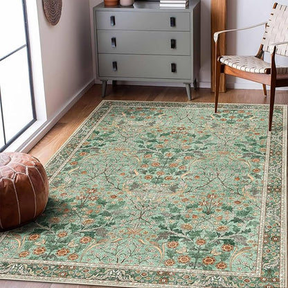 MUJOO 3x5 Green Rug Washable,Floral Area Rug for Bedroom Office Entryway Living Room Bedside,Small Throw Carpet Boho Non Slip Indoor Floor Botanical Vintage Ultra-Thin